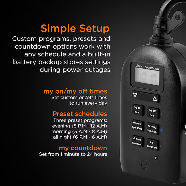 myTouchSmart 2-Outlet Programmable Digital Countdown Lighting Timer, Indoor/Outdoor