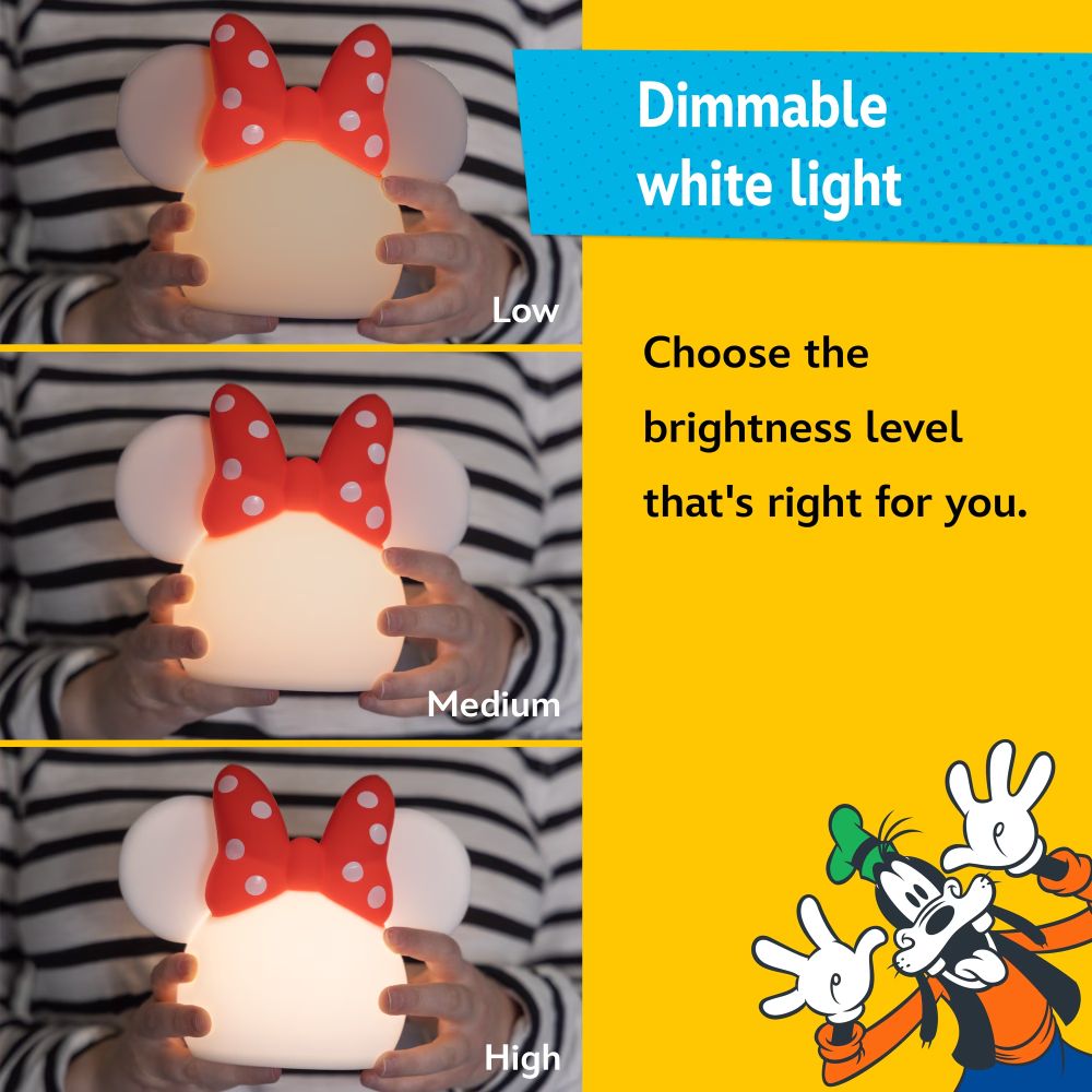 Minnie lamp in dimmable white light at low, medium and high brightness