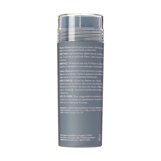 Back of the grey hair fiber bottle with directions and ingredients