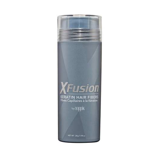 Grey shaker bottle of keratin hair fibers with a clear cap