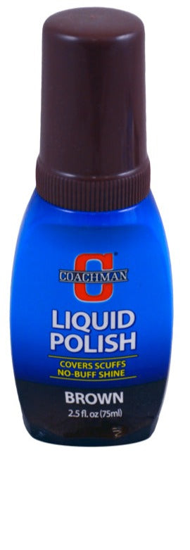 Blue bottle of brown liquid shoe polish with applicator cap, 2.5 fl oz