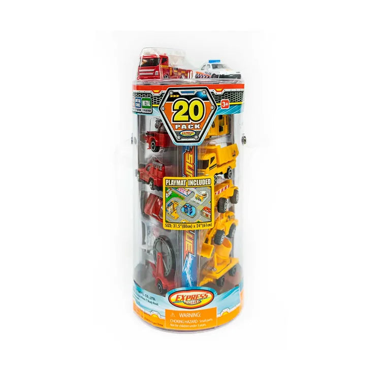 Clear tube of 20 die-cast fire trucks, police cars and yellow construction vehicles with a playmat