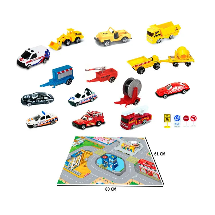 Toy vehicle set laid out: construction trucks, police cars, ambulance, fire trucks, road signs and an 80 x 61 cm town playmat