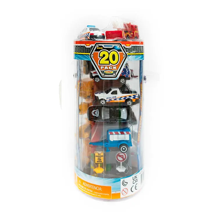 Back of the 20-pack vehicle tube showing an ambulance, police cars, trailer and road signs