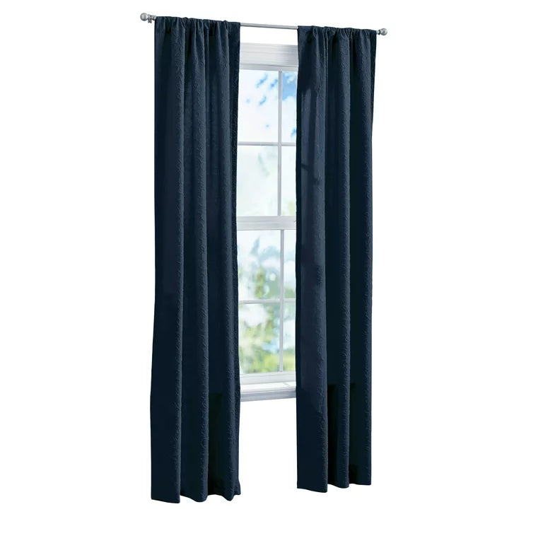 Pair of navy curtain panels hung on a rod, cut out on white