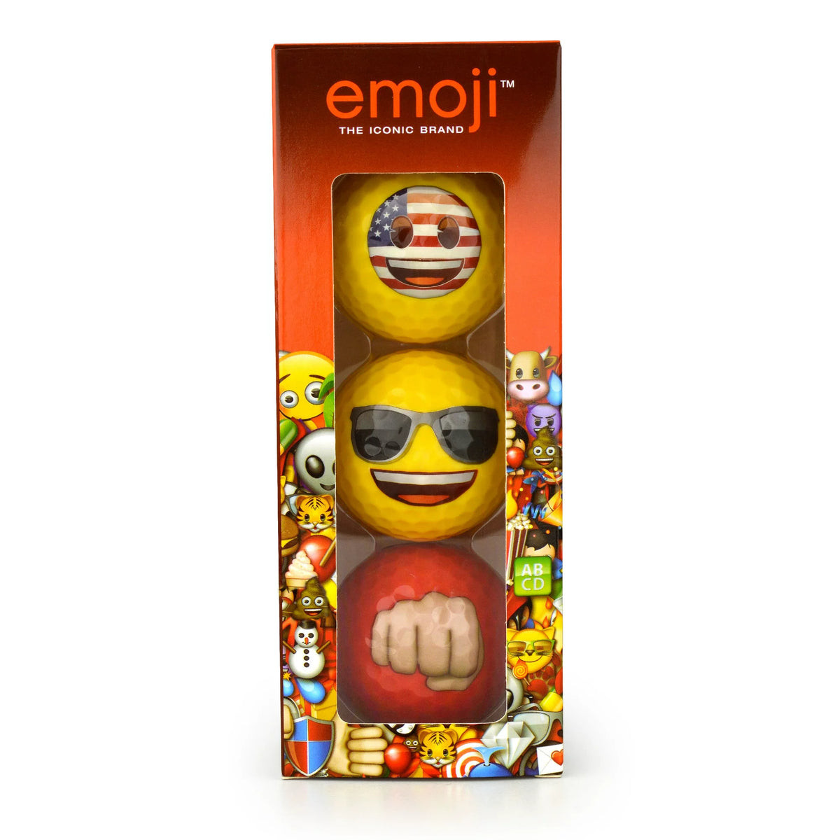 Emoji golf balls 3-pack box: US flag face, sunglasses face and red fist bump ball