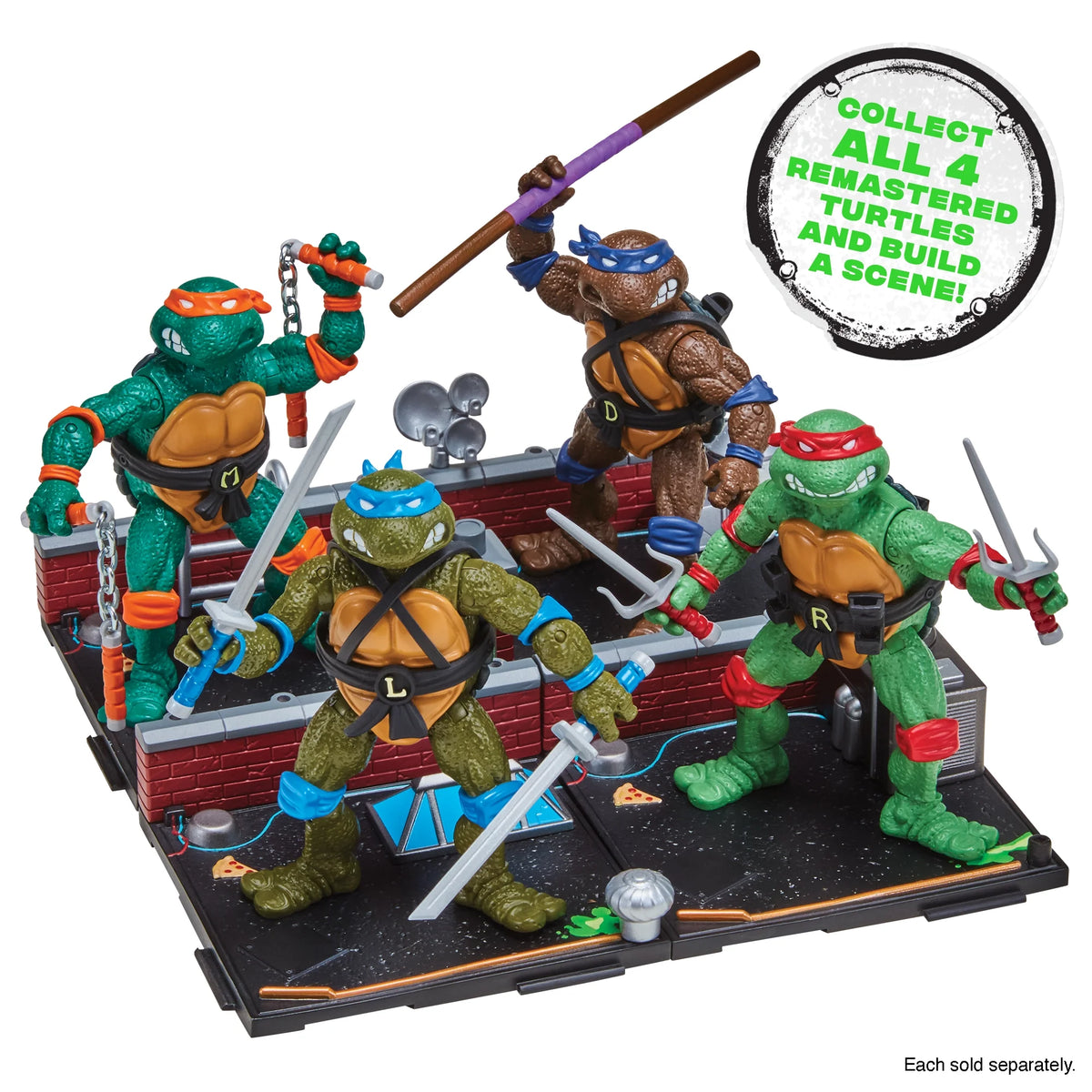 Four remastered turtle figures together on joined rooftop scene bases