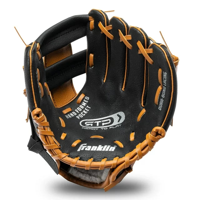 Front and back of a black and tan kids' tee ball glove with tan lacing
