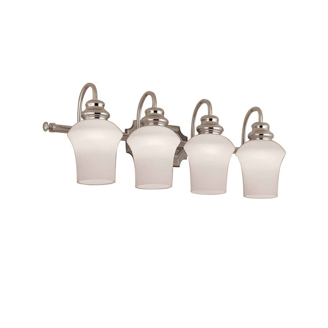 Four-light polished nickel vanity bar with curved arms and white bell glass shades