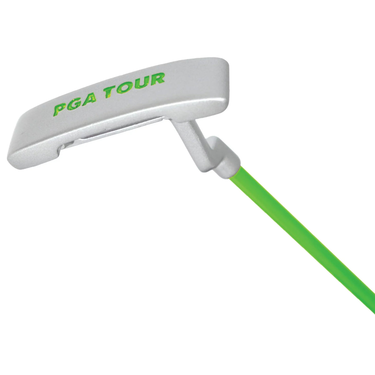 Silver blade putter head with green PGA TOUR lettering on a green shaft