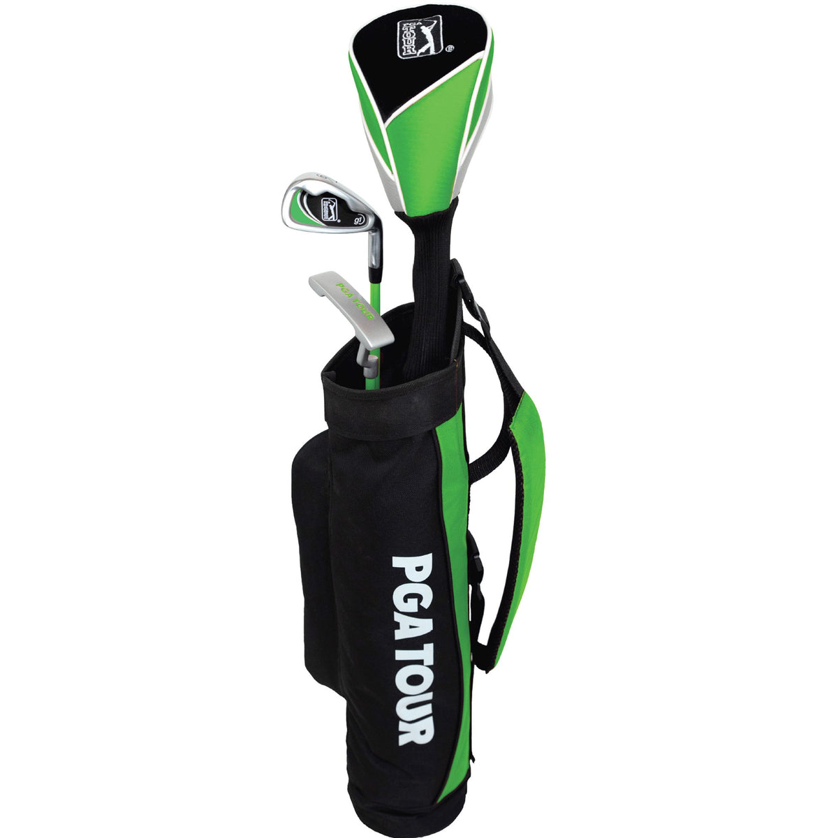 Black and green PGA Tour junior carry bag with covered driver, iron and putter