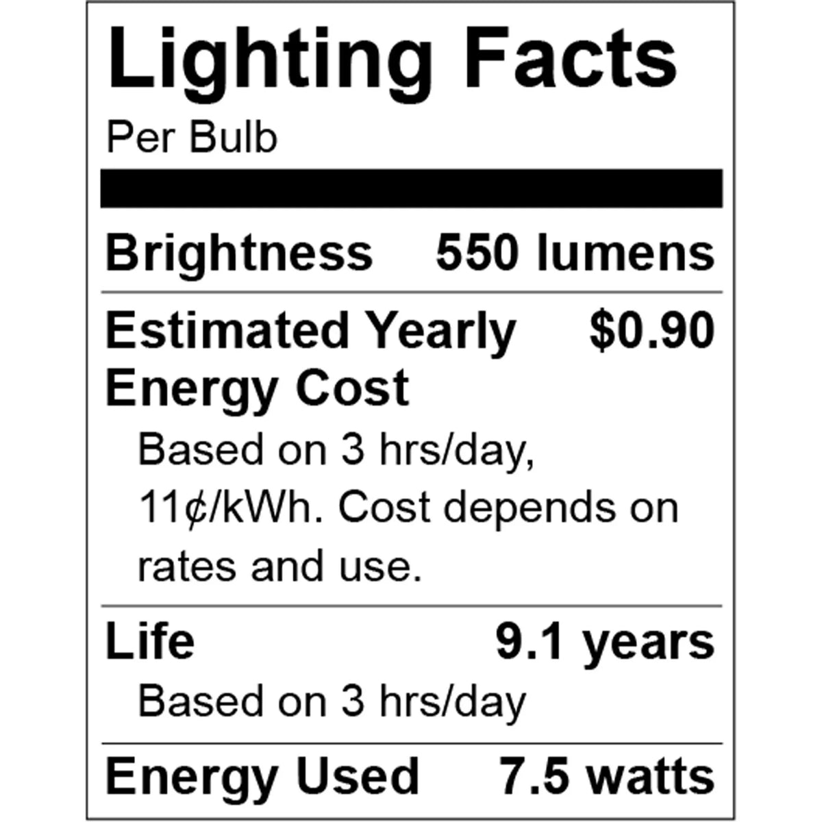 Lighting facts label: 550 lumens, $0.90 a year, 9.1 year life, 7.5 watts