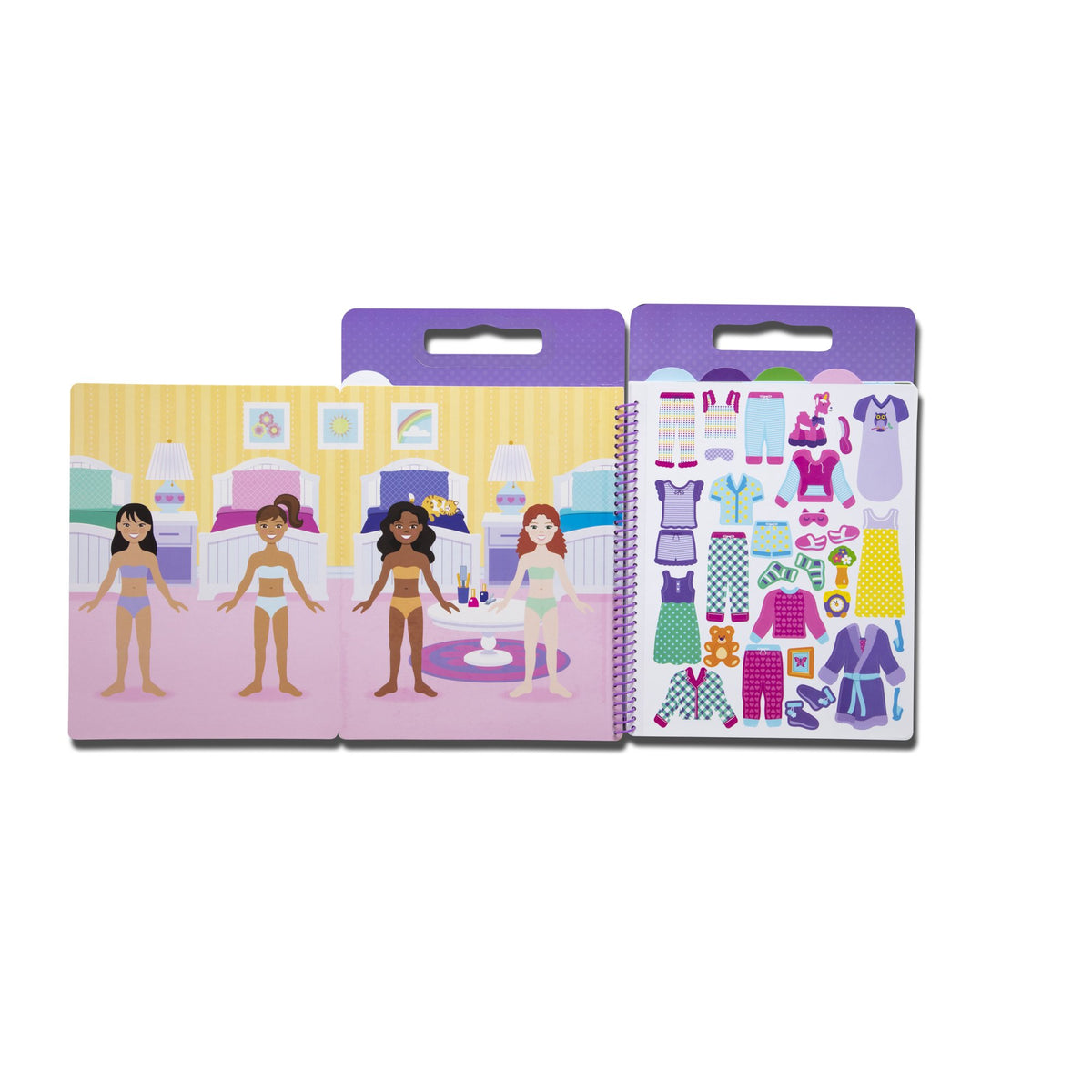 Slumber party bedroom scene with a sheet of pajama and robe stickers