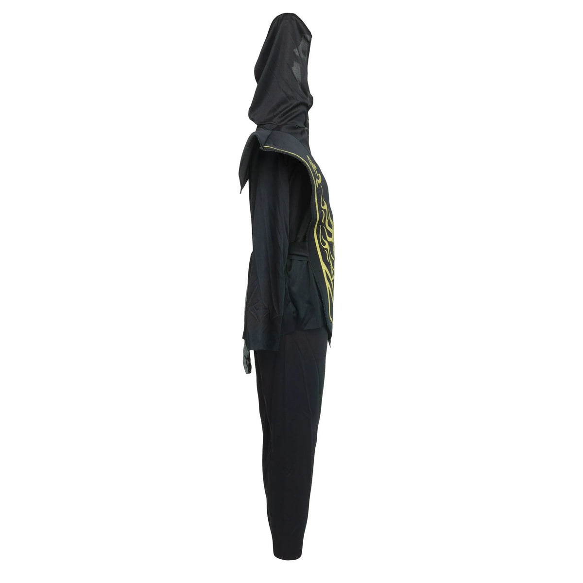 Side view of the black hooded ninja costume with gold flame-print tunic