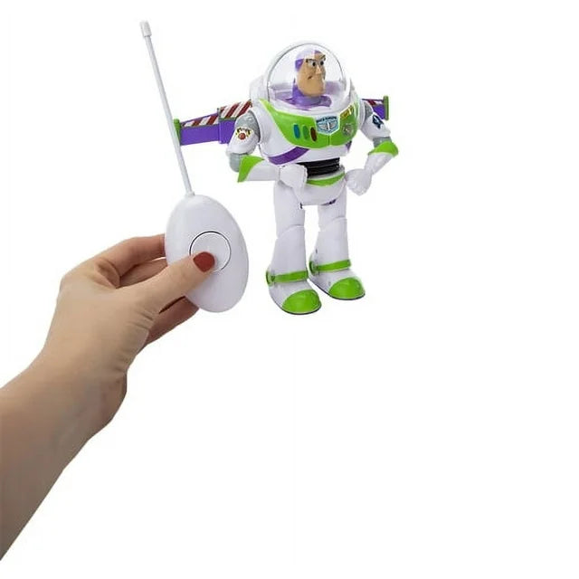 Hand holding the white one-button remote beside the walking Buzz figure