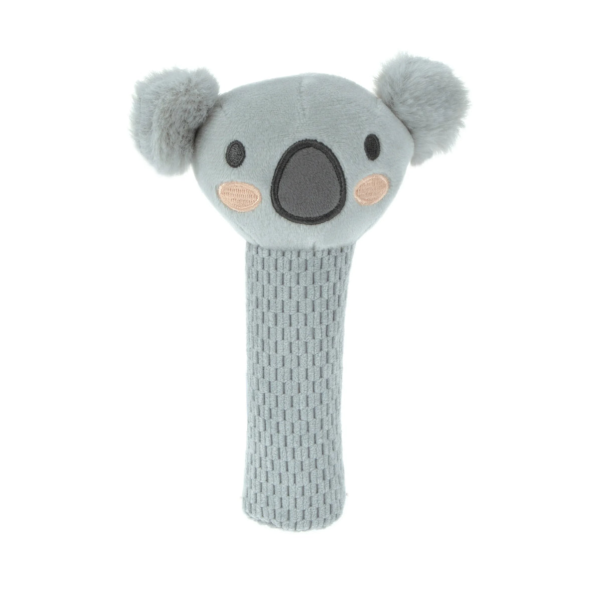Grey plush koala squeaker with a textured knit handle