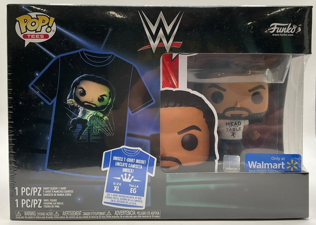Sealed Pop! Tees box with a Roman Reigns 'Head of the Table' figure and size XL T-shirt