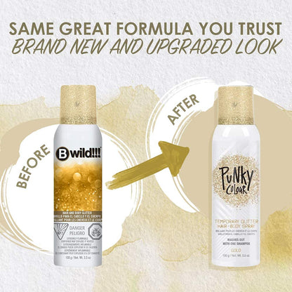 Punky Temporary Hair and Body Glitter Spray, Gold - Lightweight Shimmery Glow for Hair, Skin, and Clothes, Easy-to-Use Sparkly Glitter Hairspray, 3.5 oz