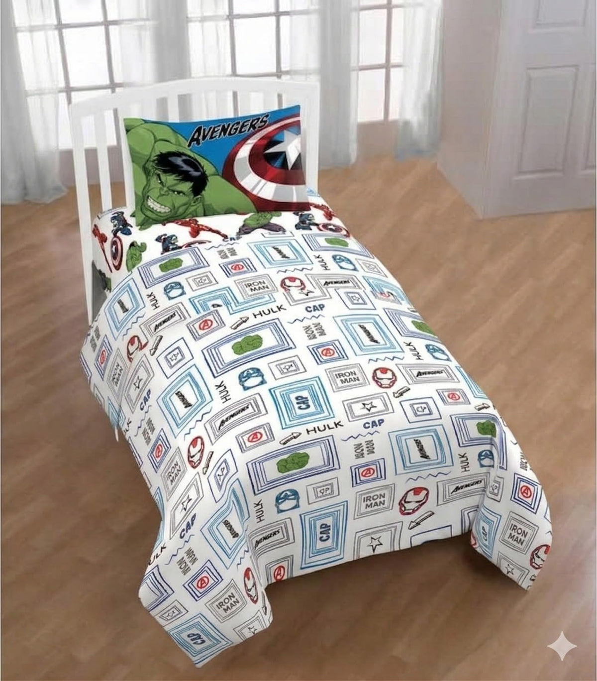 Marvel Avengers twin sheet set on a white bed, Hulk and Captain America pillowcase
