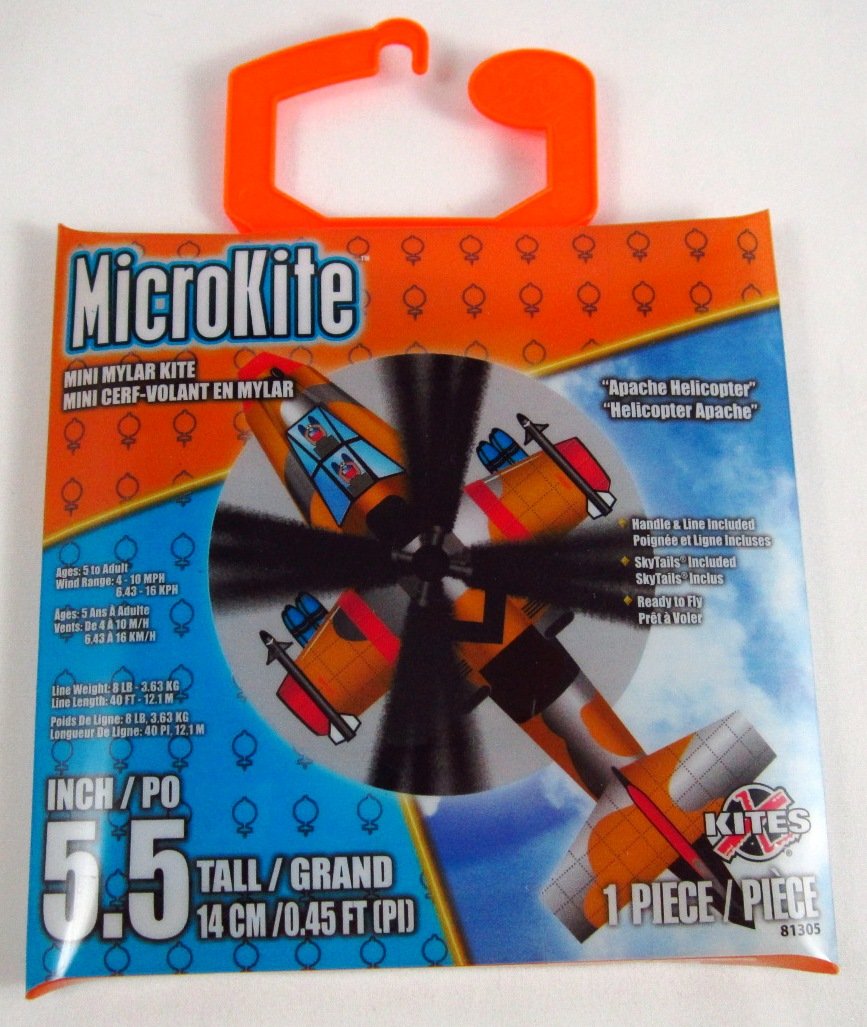 MicroKite package with an orange helicopter kite and black rotor, 5.5 inches tall