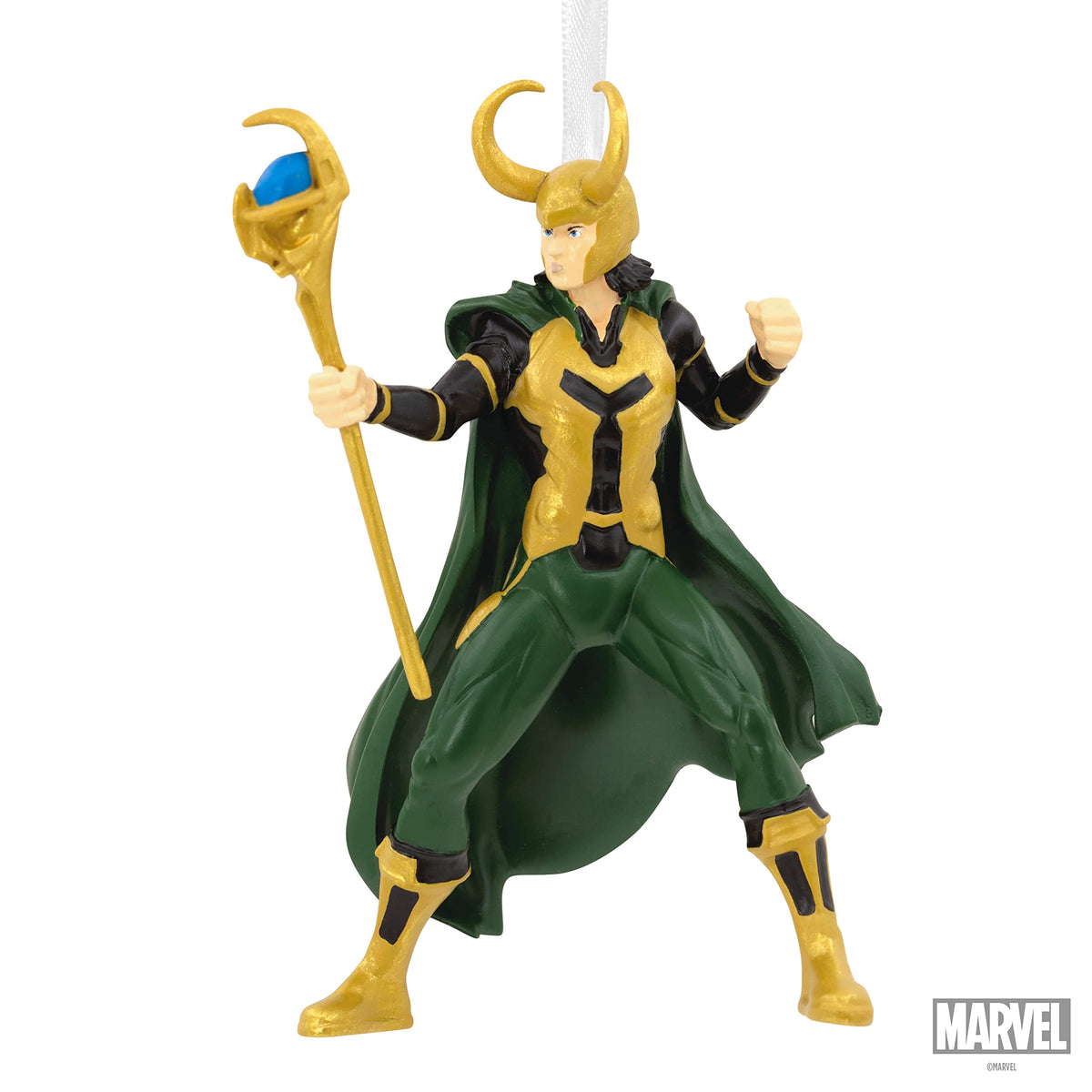 Horned-helmet figure ornament in a green cape holding a blue-gem sceptre