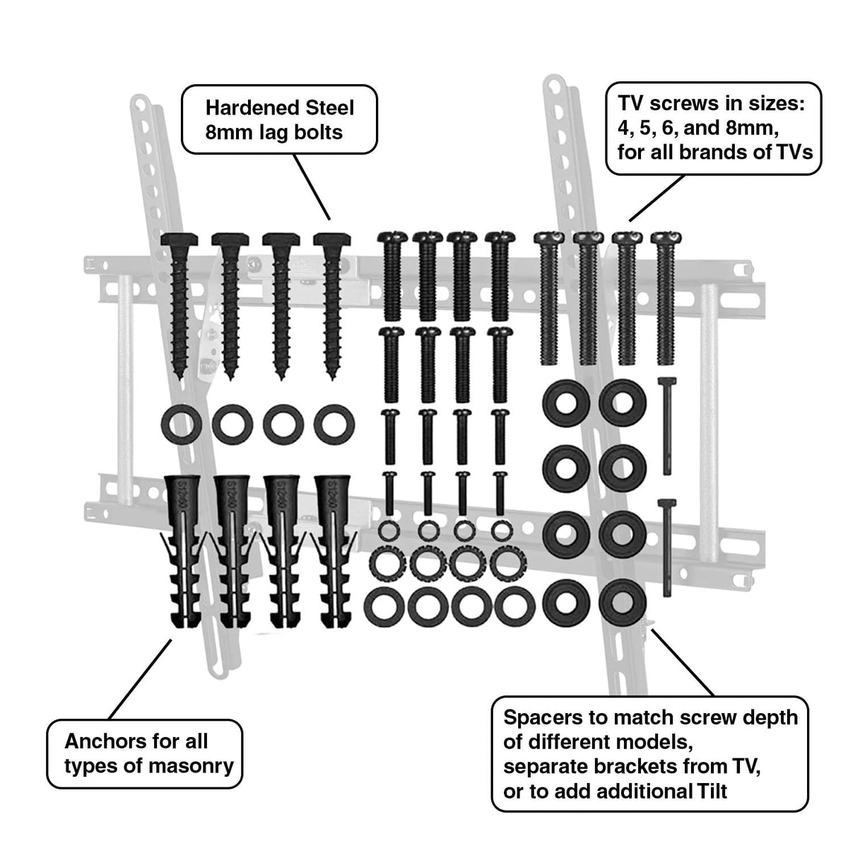 Hardware kit with lag bolts, masonry anchors, TV screws in four sizes and spacers