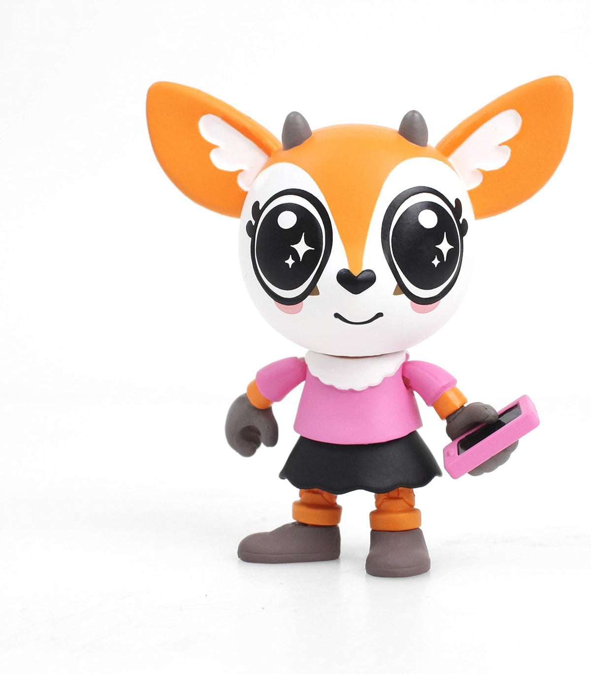 Big-eyed orange deer figure in a pink top and black skirt holding a pink phone