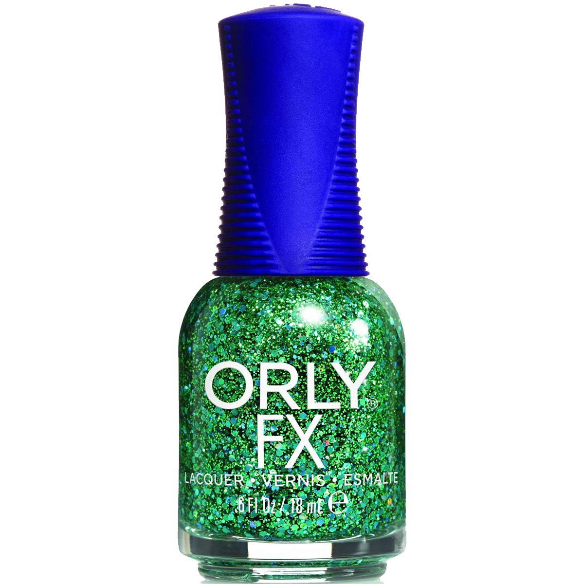 Orly FX Mermaid Tale polish full of green hexagon glitter, blue ribbed cap