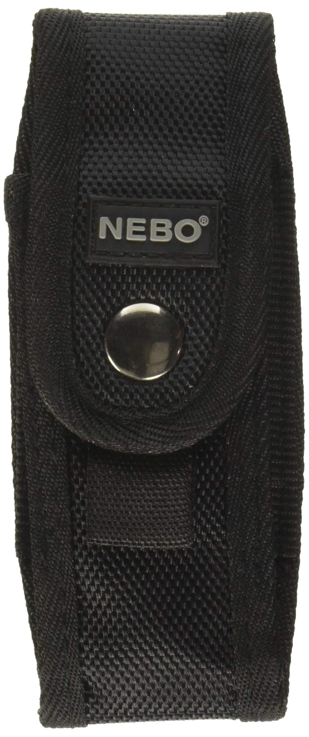 Front of a black nylon NEBO flashlight holster with a snap flap