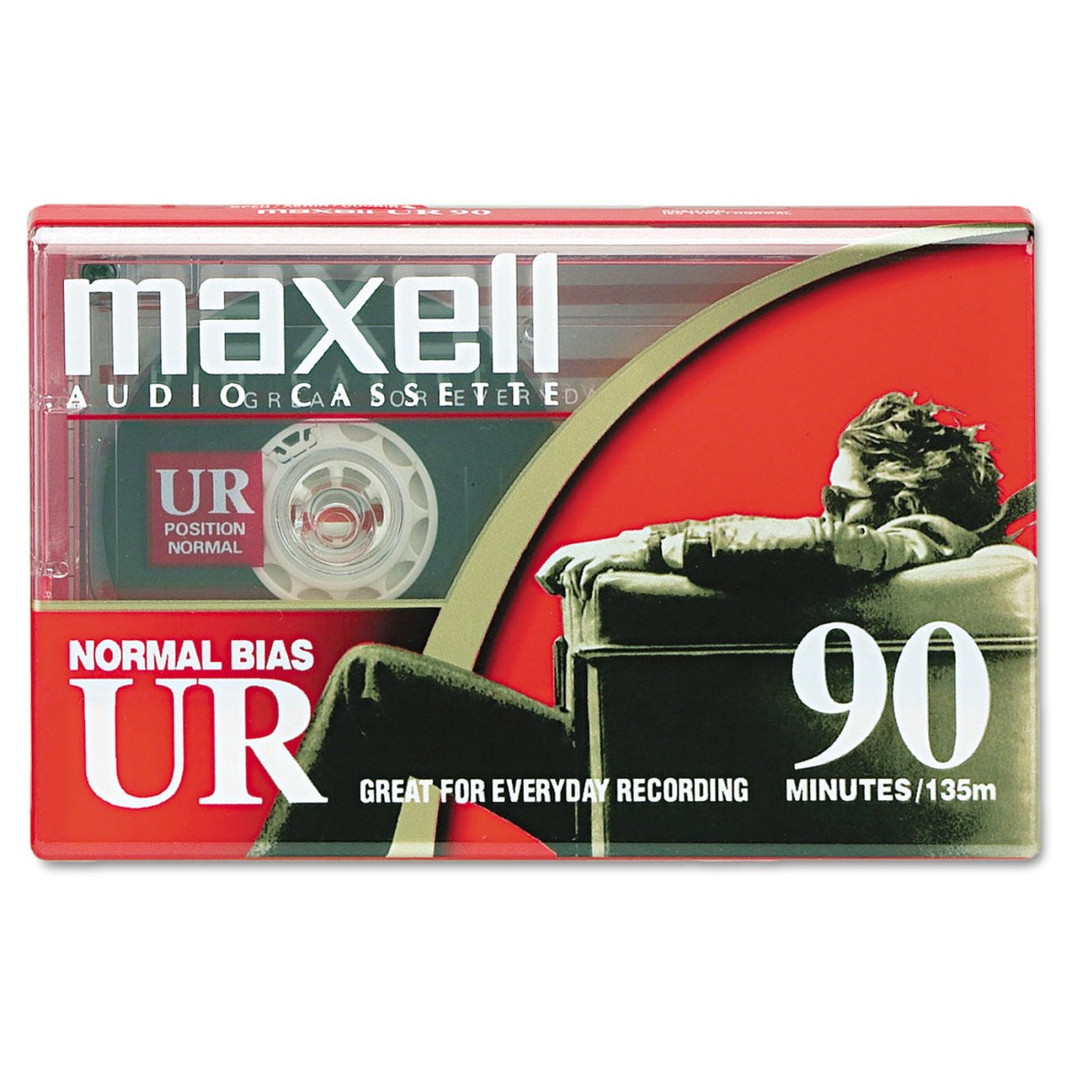 Red and black packaged 90 minute normal bias audio cassette in a clear case