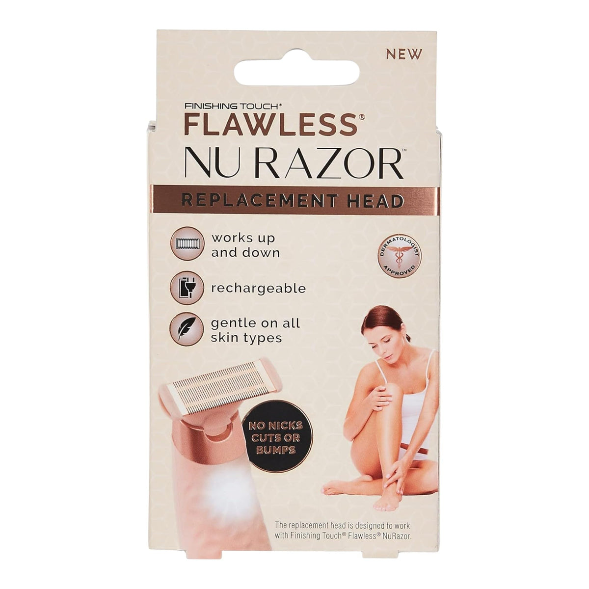 Nu Razor replacement head box listing rechargeable, works up and down, gentle on skin