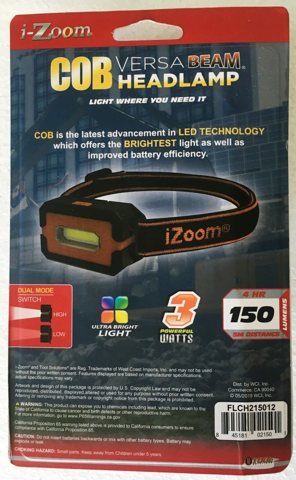 Back of the headlamp pack showing a lamp on its strap, 150 lumens and dual mode switch