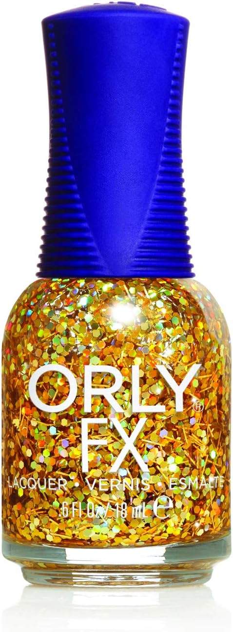 ORLY FX Sashay My Way bottle full of gold holographic hex and bar glitter, blue cap