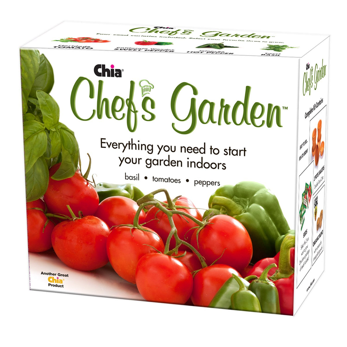 Chia Chef's Garden indoor kit box with basil, tomatoes and peppers pictured