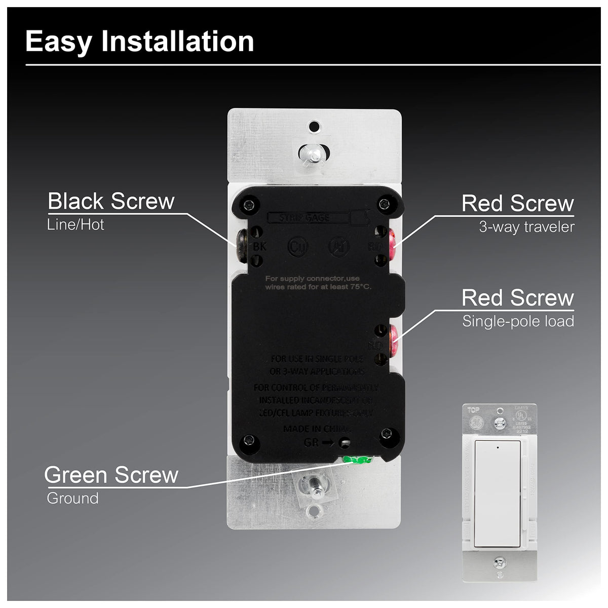 Back of the dimmer with labelled black line, red traveler and load, and green ground screws