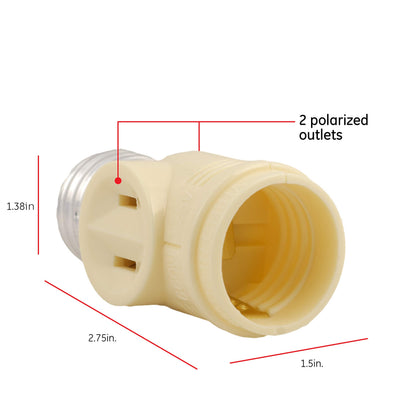 Power Gear 2-Outlet Socket Adapter, Add 2 Outlets to a Bulb Socket, 2 Prong, Polarized Outlets, Medium Base Socket, Use in Workshop, Garage or Utility Room, UL Listed, Light Almond, 54178