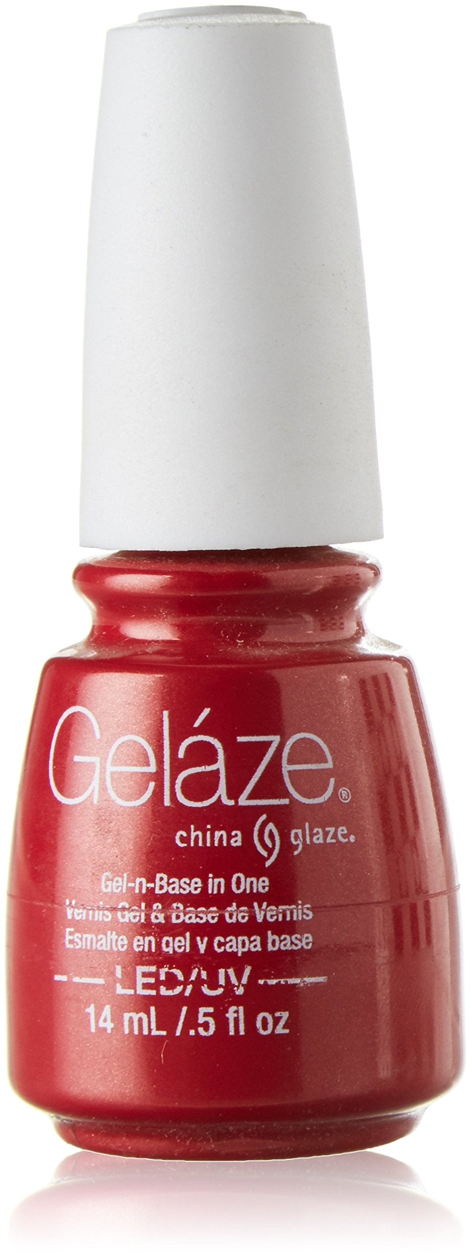 Bottle of pearly cherry red gel polish with a white cap