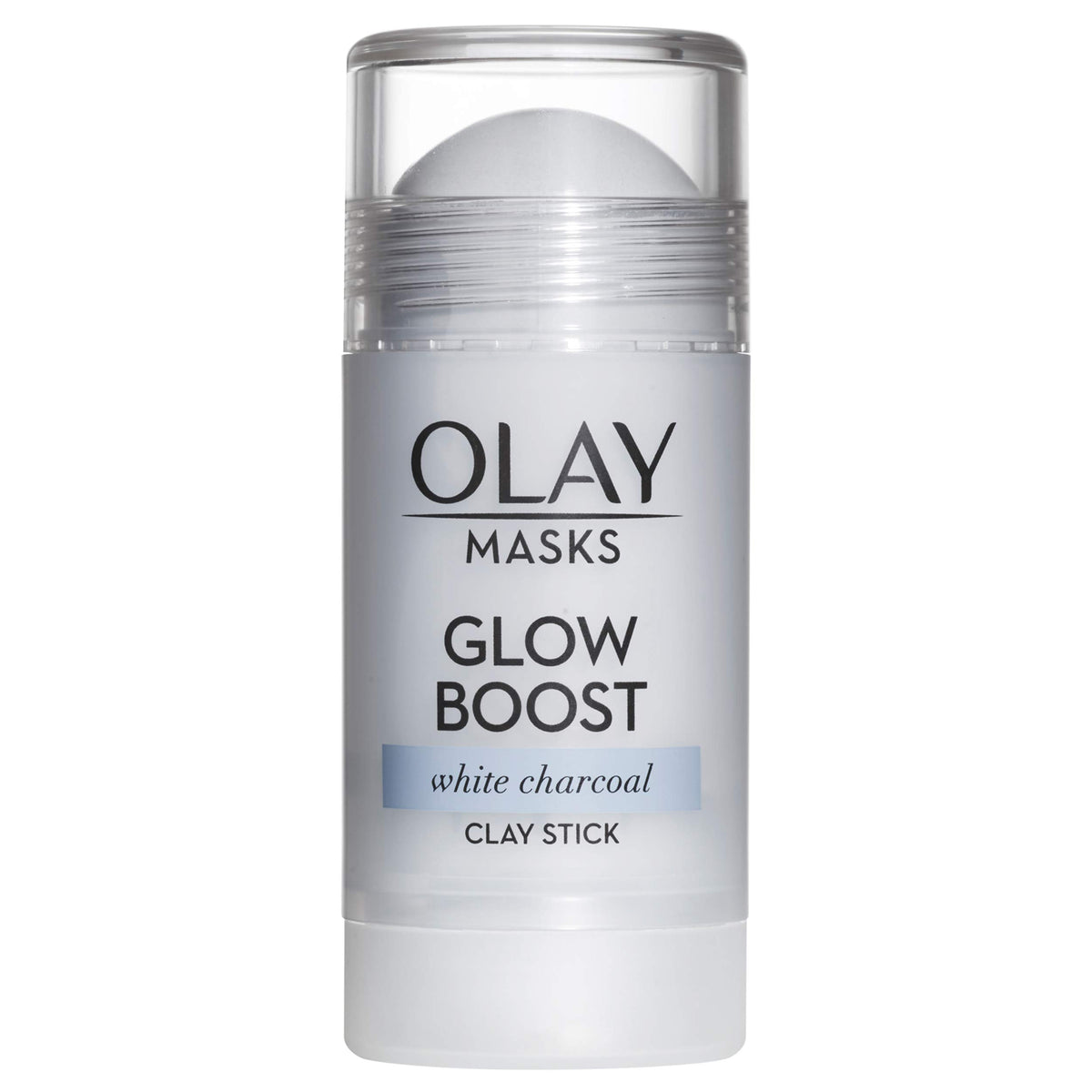 Clear-capped white charcoal clay face mask stick with a pale grey swivel-up mask