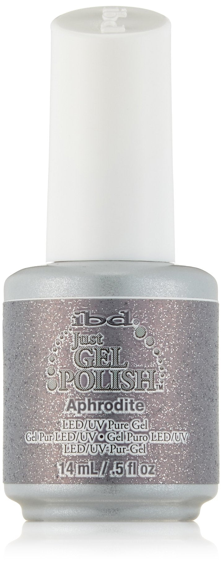 IBD Just Gel Polish bottle in Aphrodite, grey glitter shade with white cap, 0.5 oz