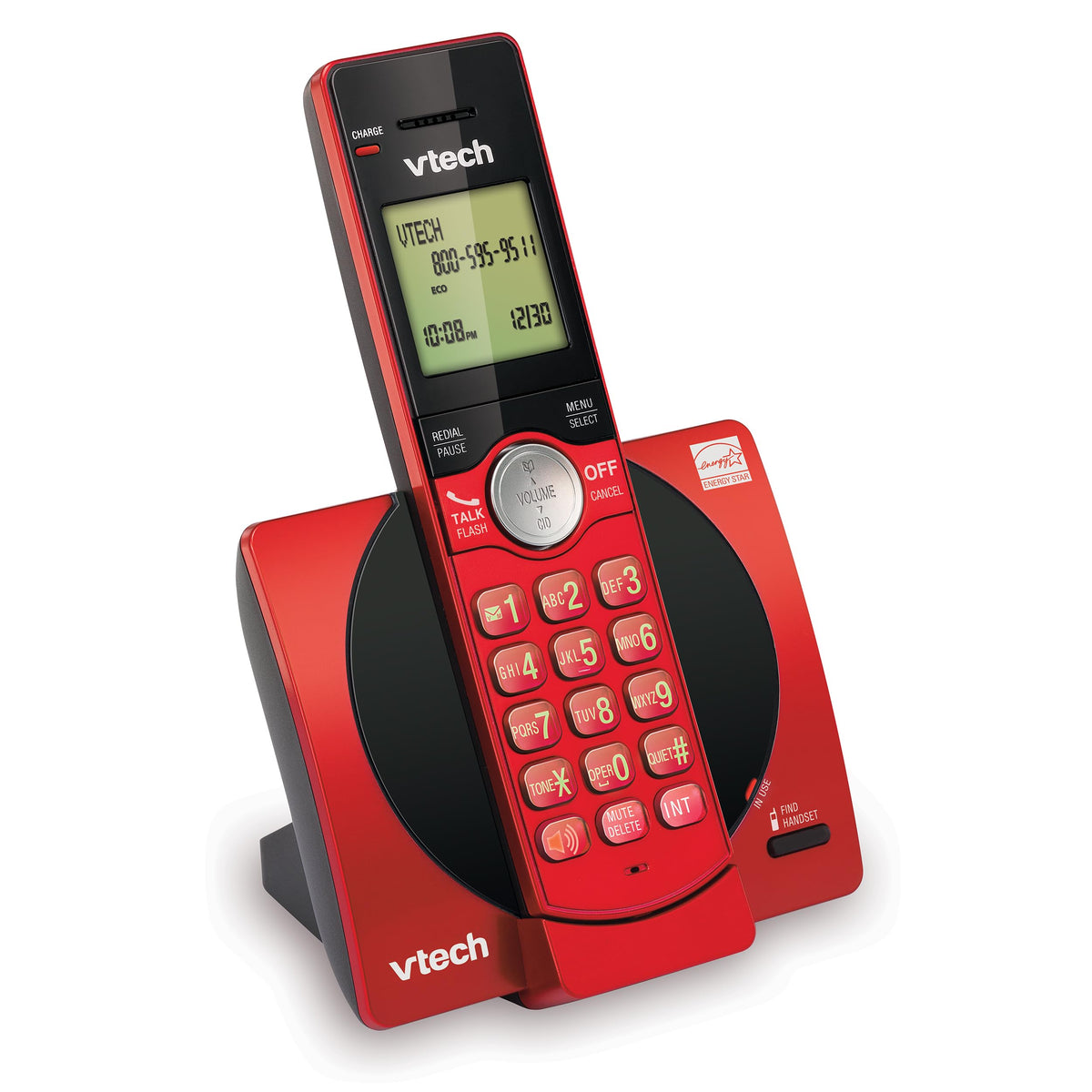 Red cordless phone and charging base seen from the left side