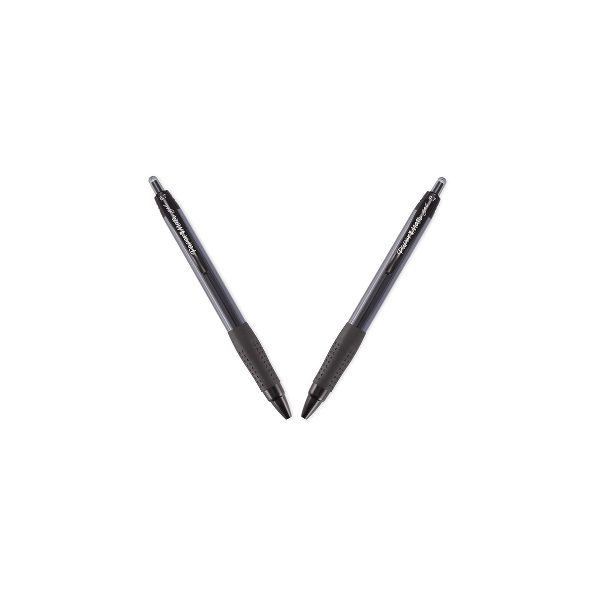 Two black gel pens angled in a V shape with dotted rubber grips