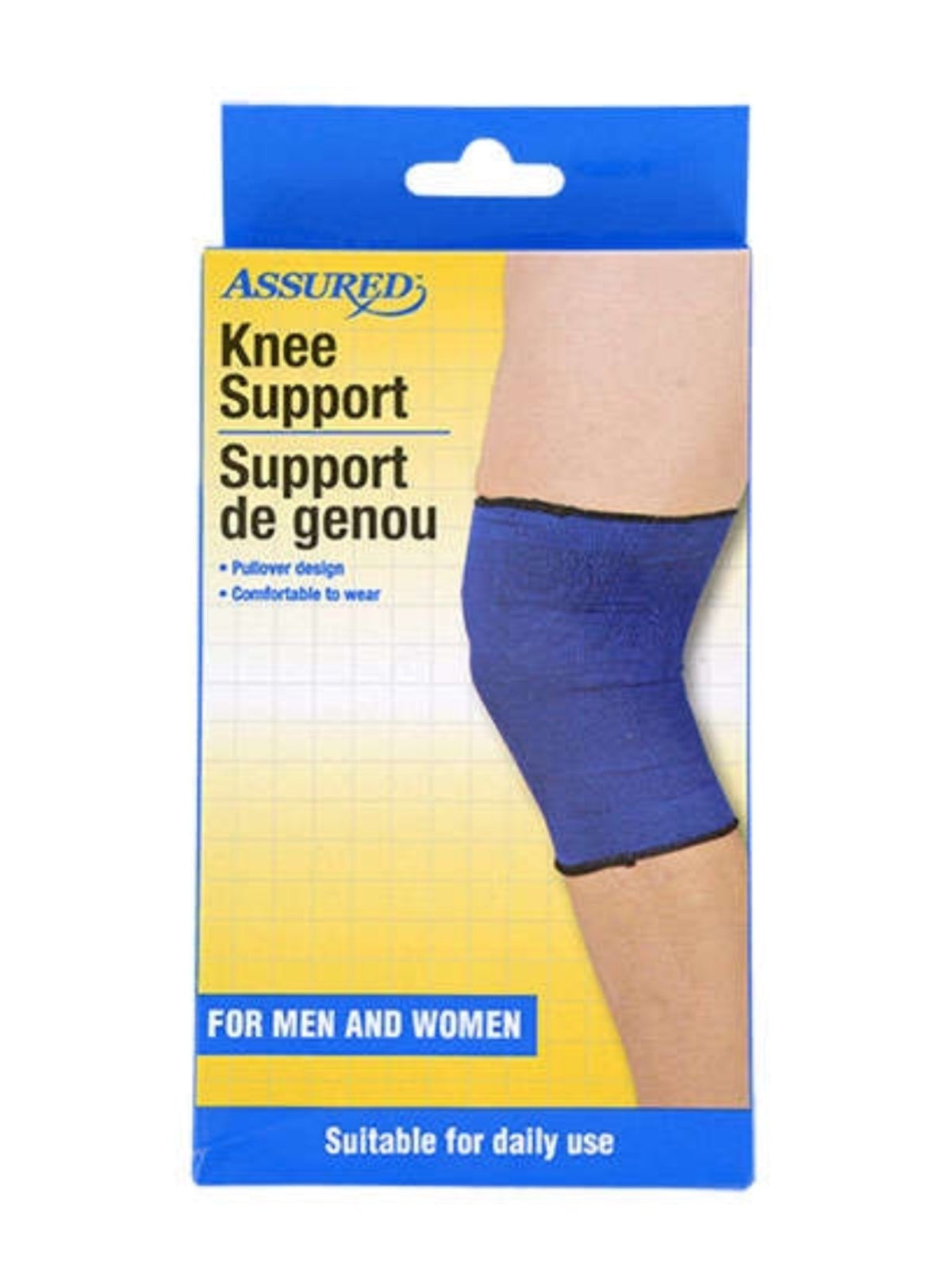Assured blue pullover knee support sleeve shown on a knee, in box