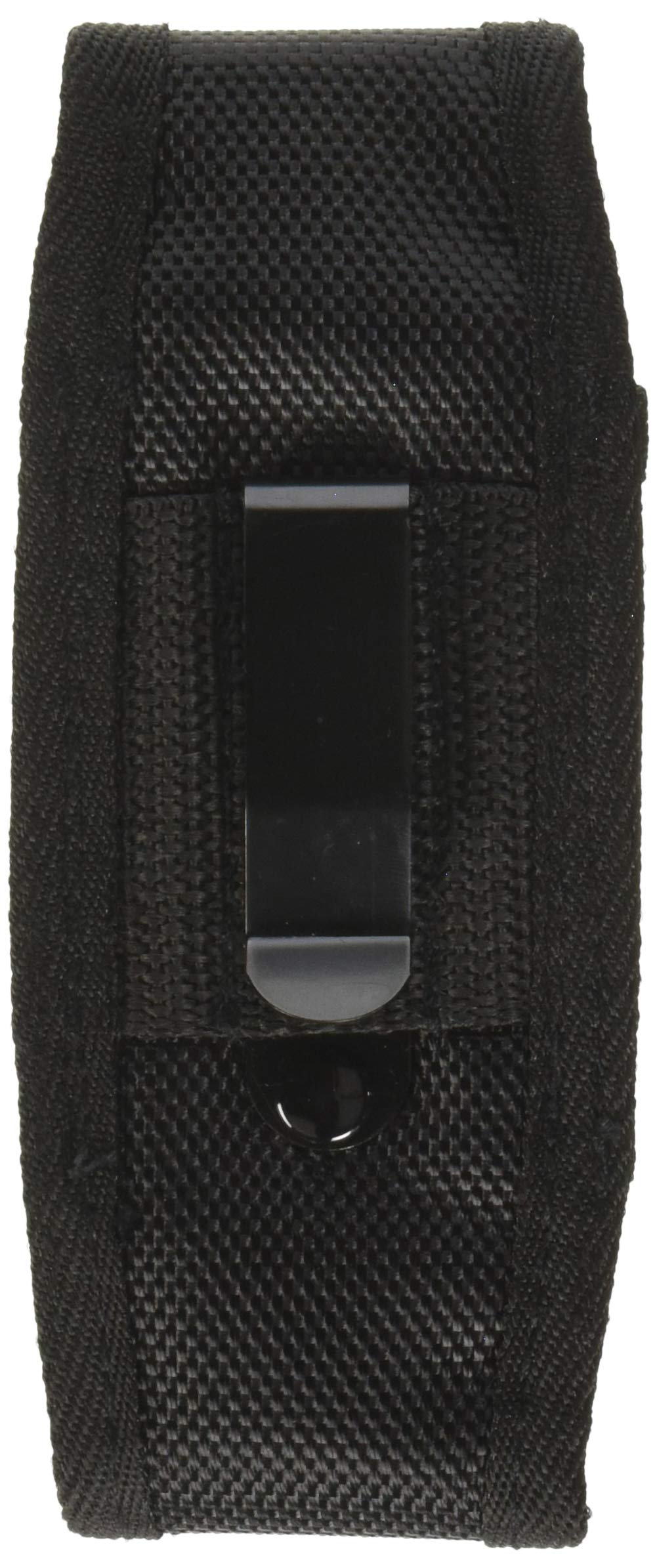 Back of the black nylon flashlight holster with a steel belt clip