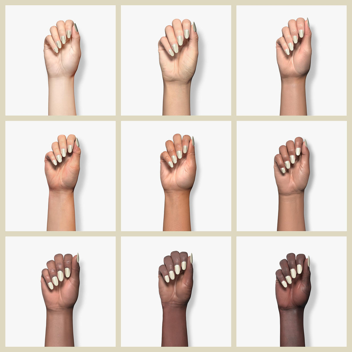 Grid of nine hands in different skin tones wearing ivory cream polish