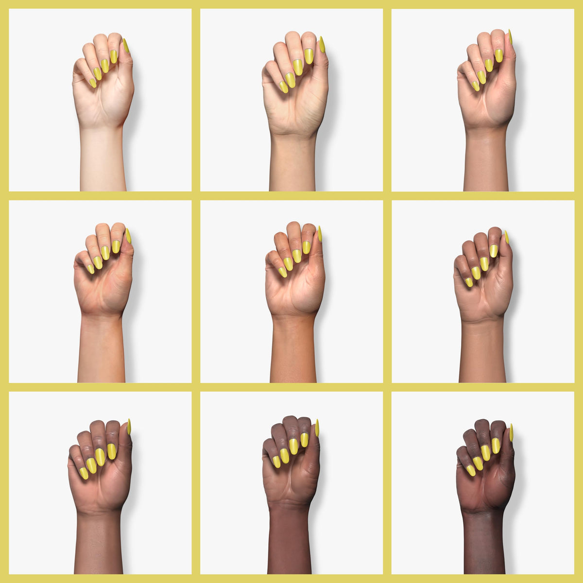 Nine hands in different skin tones with yellow painted nails