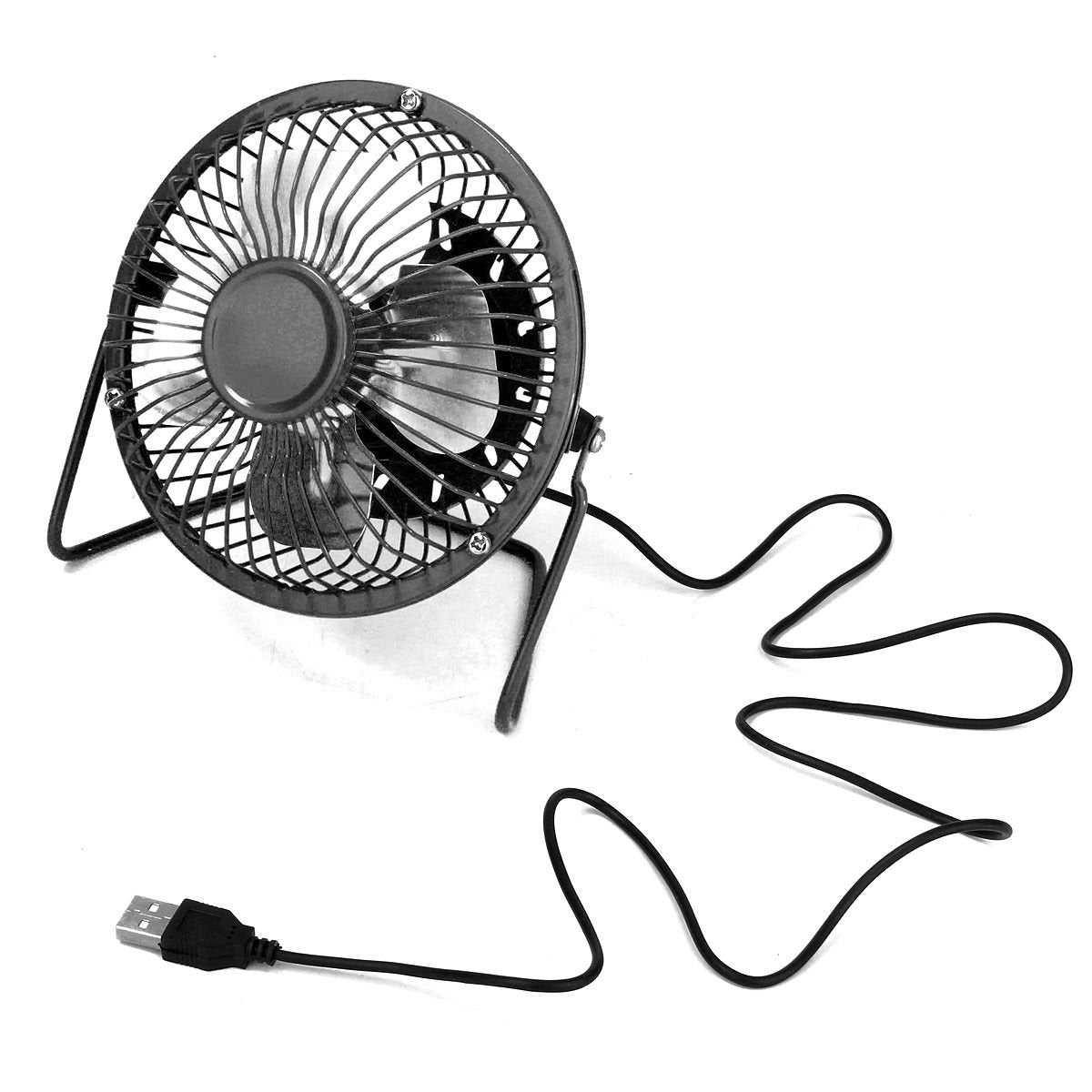 Black mini desk fan with its long USB power cable laid out