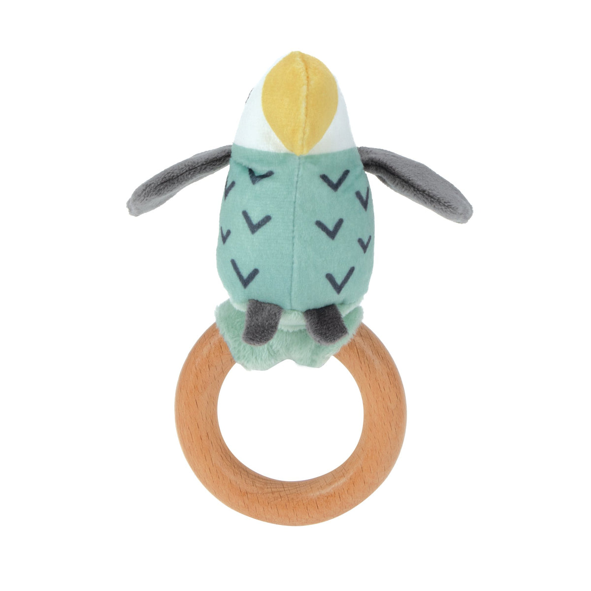 Teal plush parrot rattle with a yellow beak on a wooden teething ring
