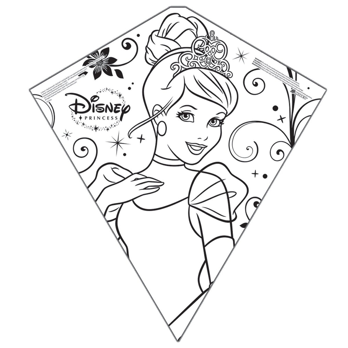 Uncoloured diamond kite with a line drawing of a princess in a tiara to colour in