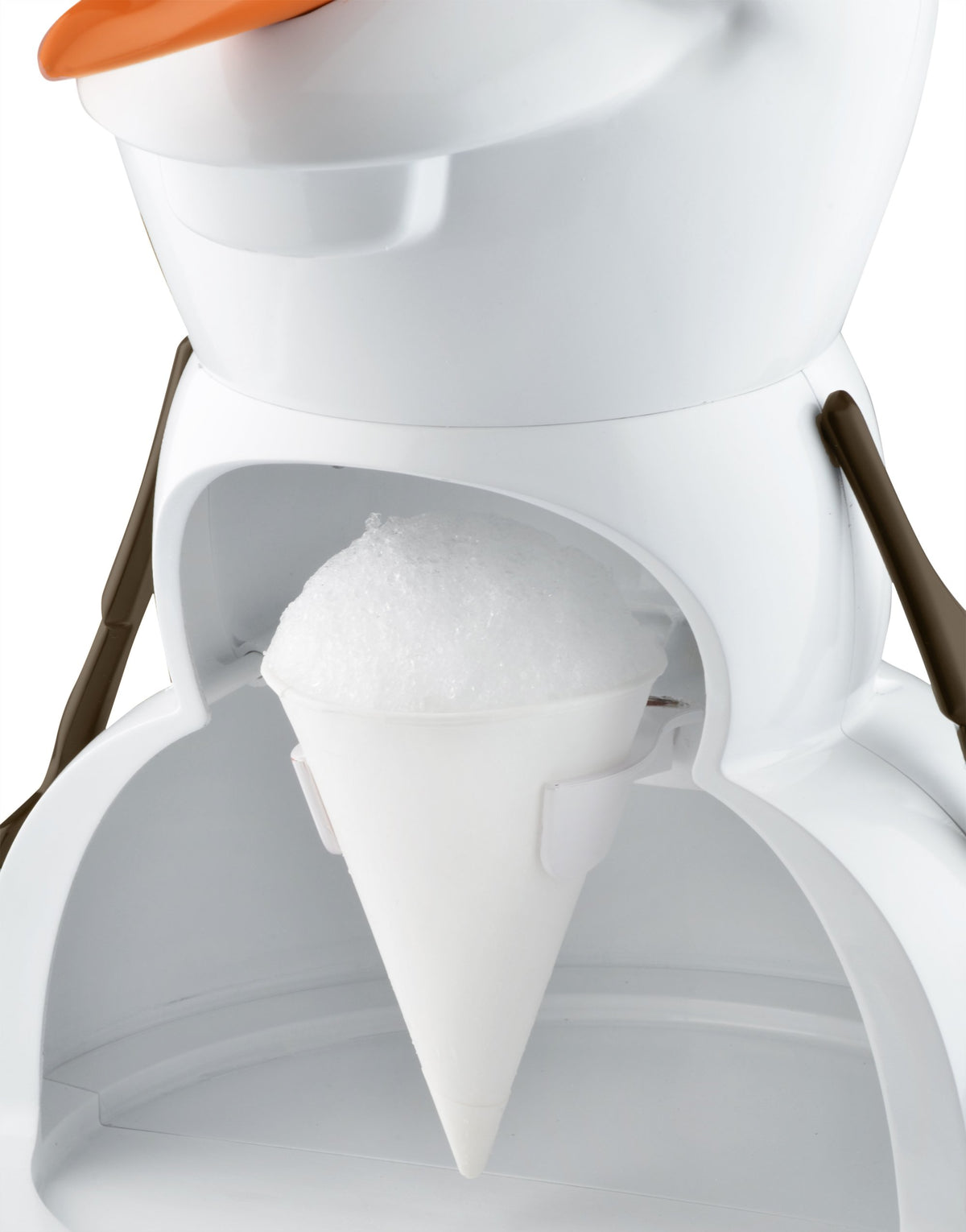 Close-up of fresh shaved ice in a paper cone held under the Olaf machine