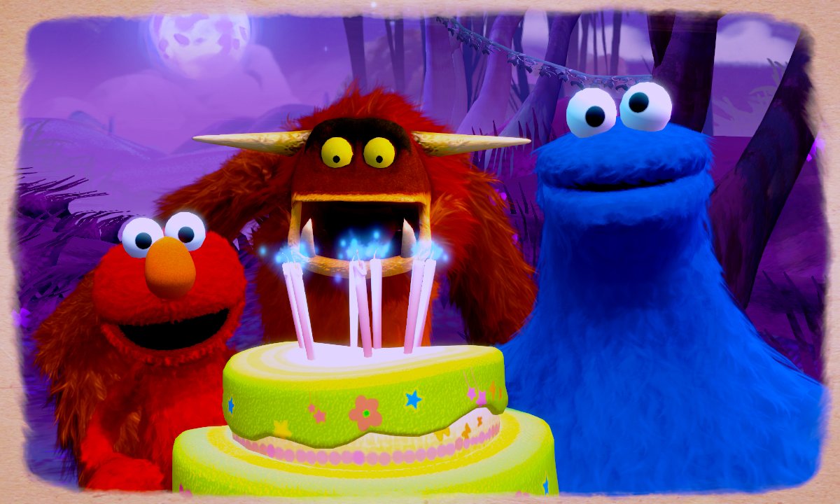 Elmo and Cookie Monster beside a horned orange monster blowing out cake candles